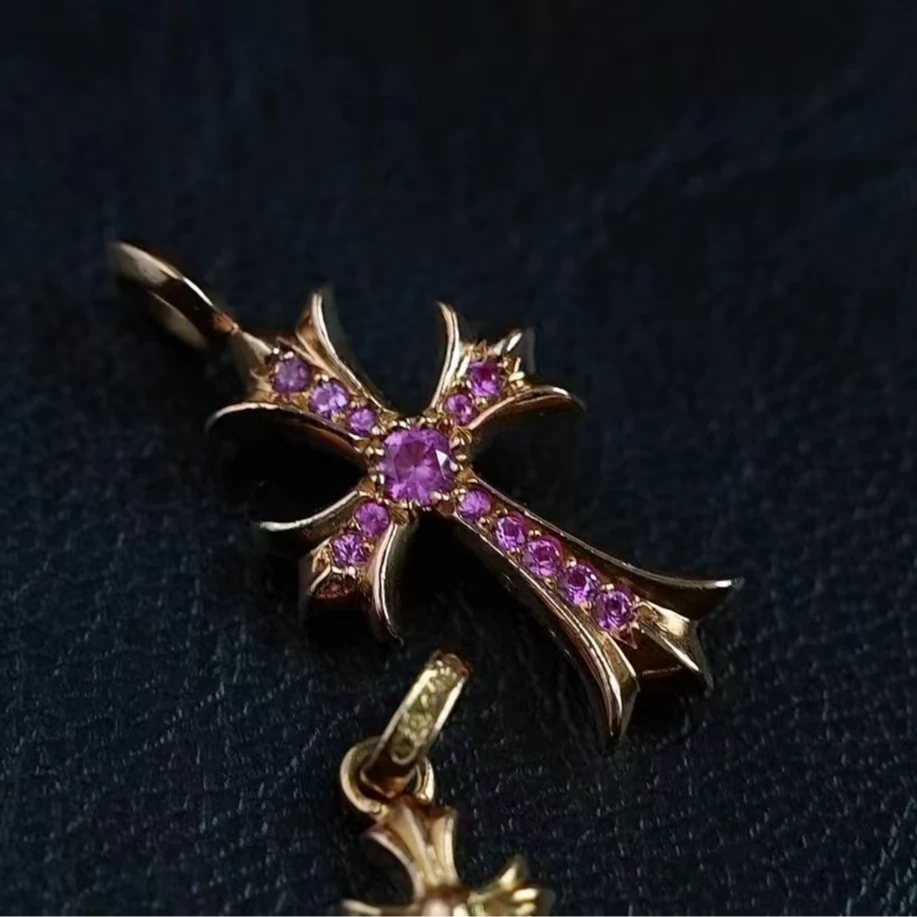 吊坠925银 CHROME HEARTS小号粉钻金钻十字架tiny吊坠