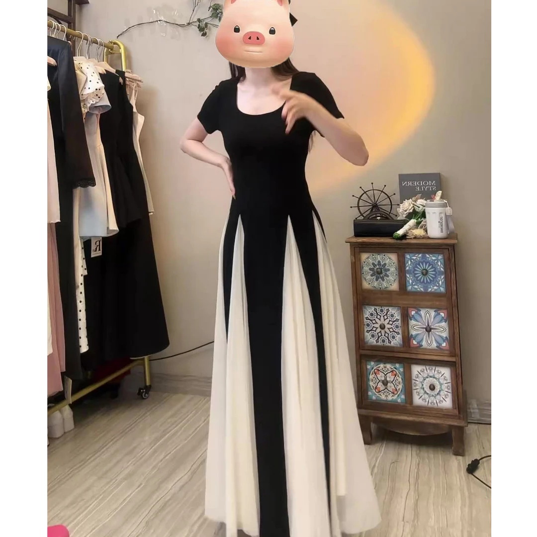 【浪漫魔法家】时尚风方领网纱拼接设计感收腰显瘦短袖连衣裙