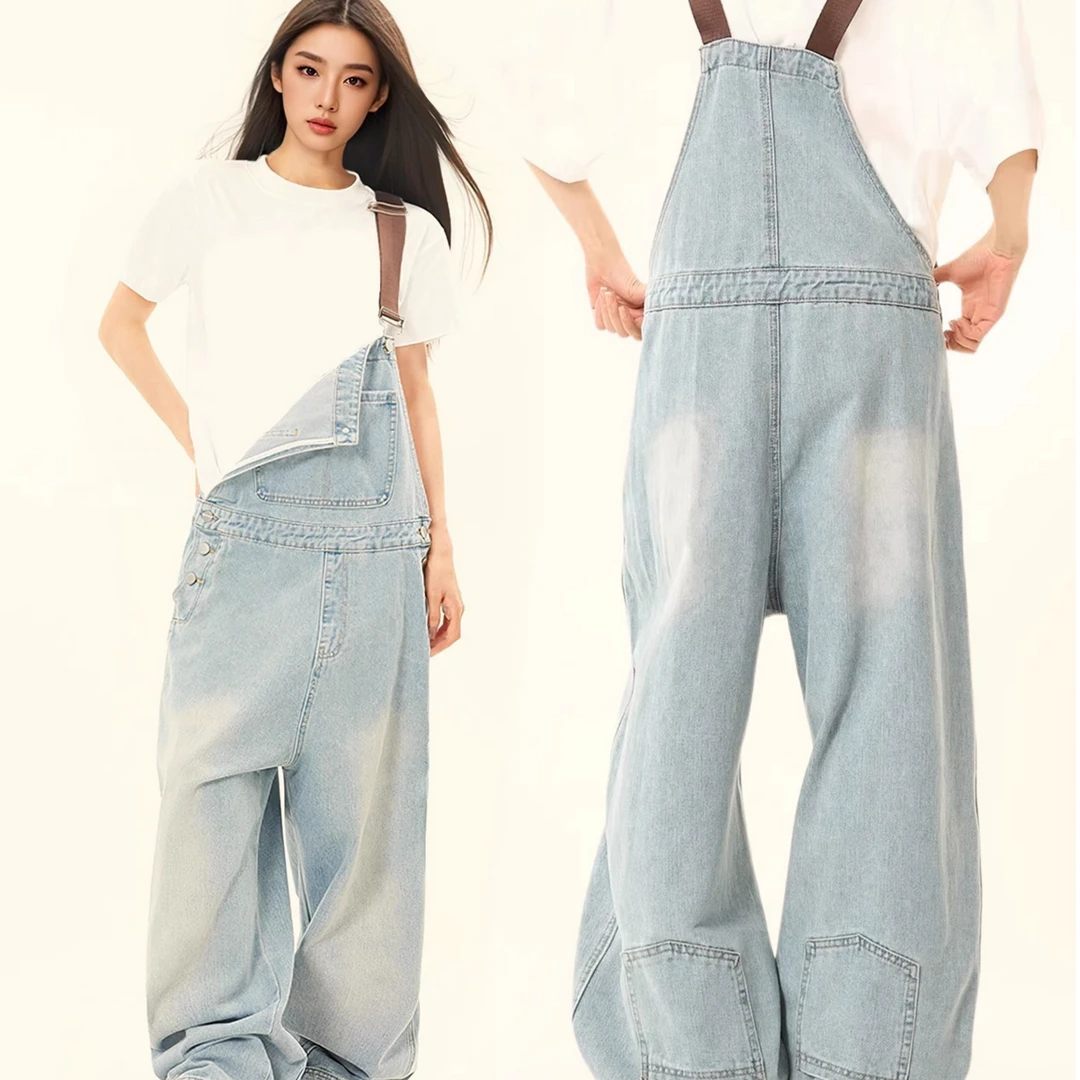 夏季美式小众浅蓝色倒装牛仔背带裤男高街宽松阔腿连体裤子潮