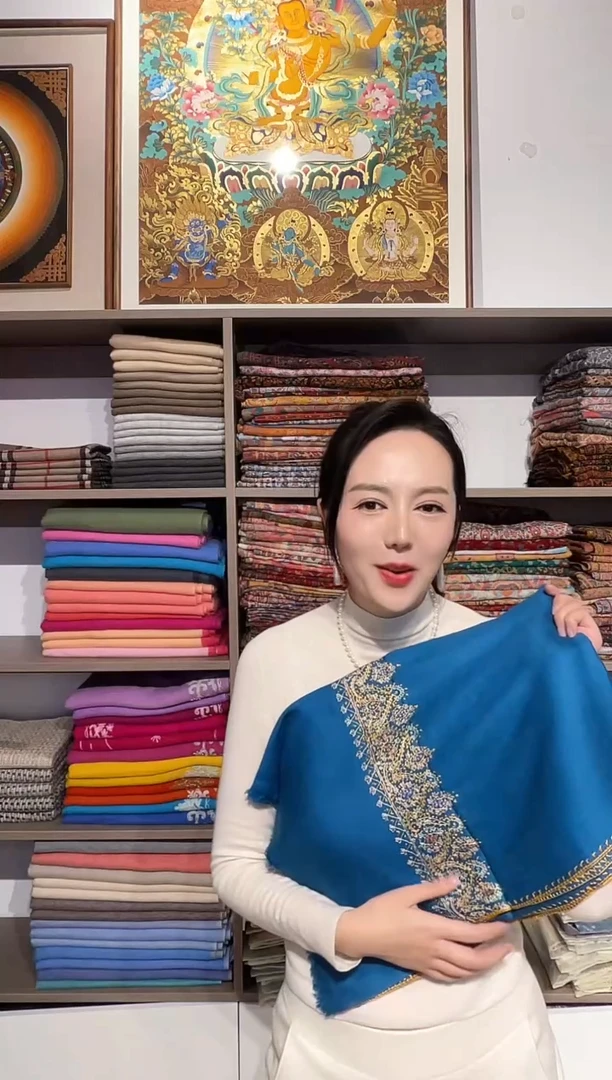 山羊绒尼泊尔围巾披肩手工手绣藏蓝色200*70cm