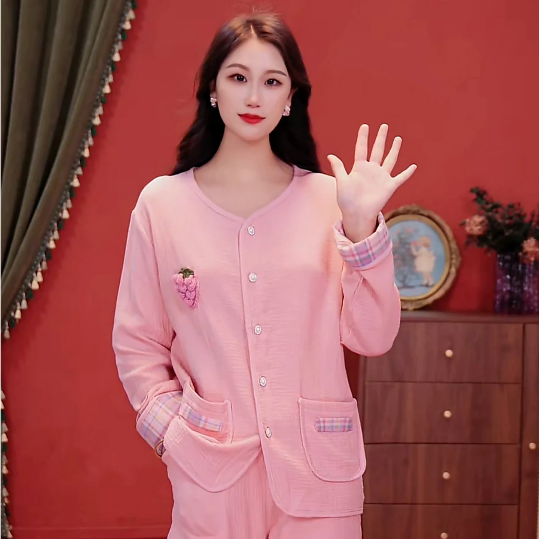 2025年新款粉色长袖小葡萄开衫v领格子袖睡衣家居服AYJ