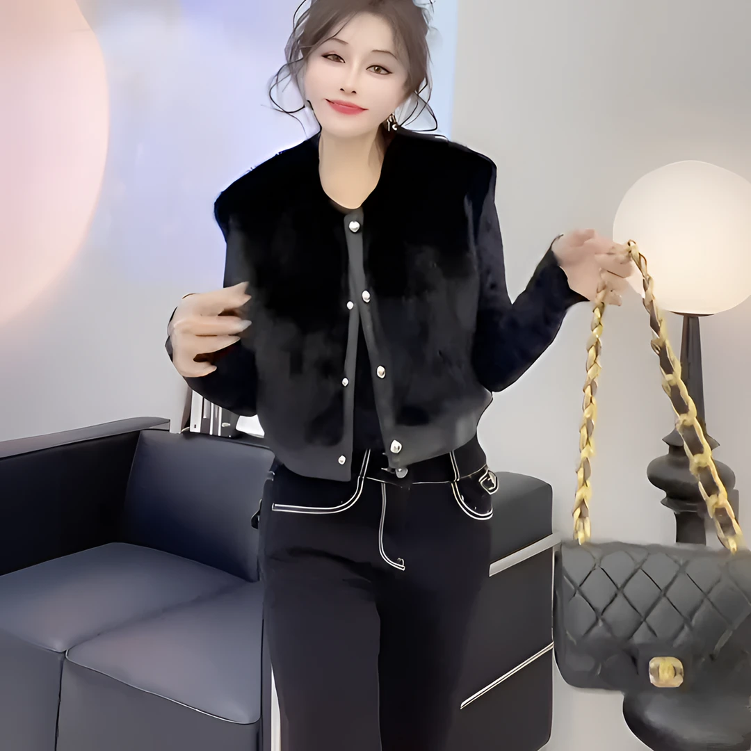 2025秋冬新款轻奢高级纯色简约休闲时尚气质百搭圆领短款毛毛马夹