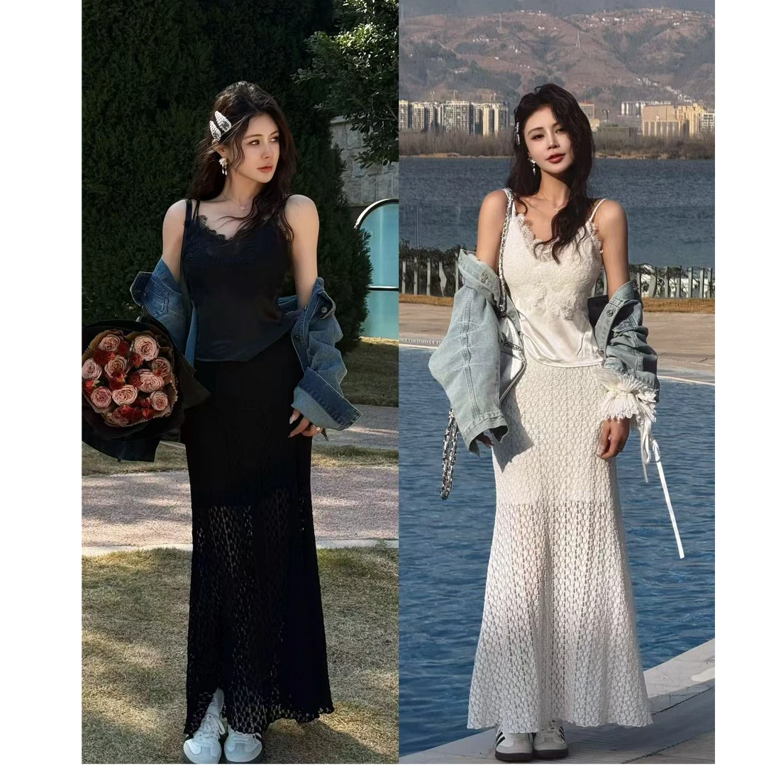 1BX01依美丁时尚镂空蕾丝拼接缎面吊带背心