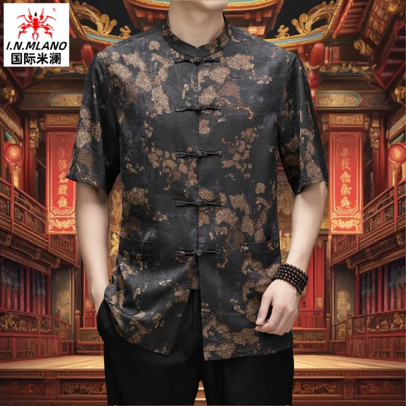 高档重磅桑蚕丝男士唐装夏装中老年男装爸爸生日唐装大码真丝衬衫