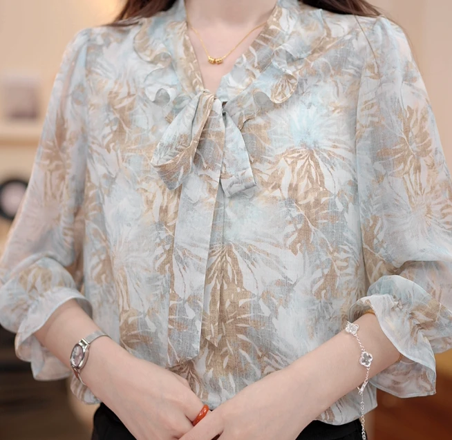 【AX】夏季新款蓝白花设计感显瘦衬衫