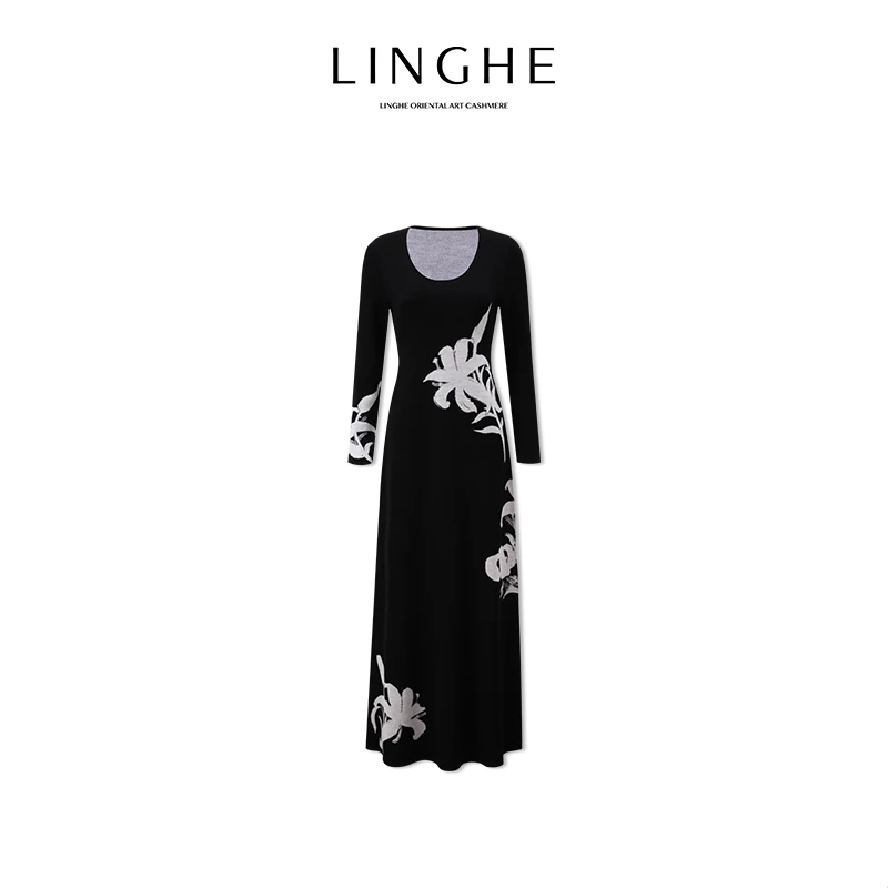 翎禾LINGHE-「后庭花」冬季穿搭显瘦百搭长裙U型领针织羊毛连衣裙