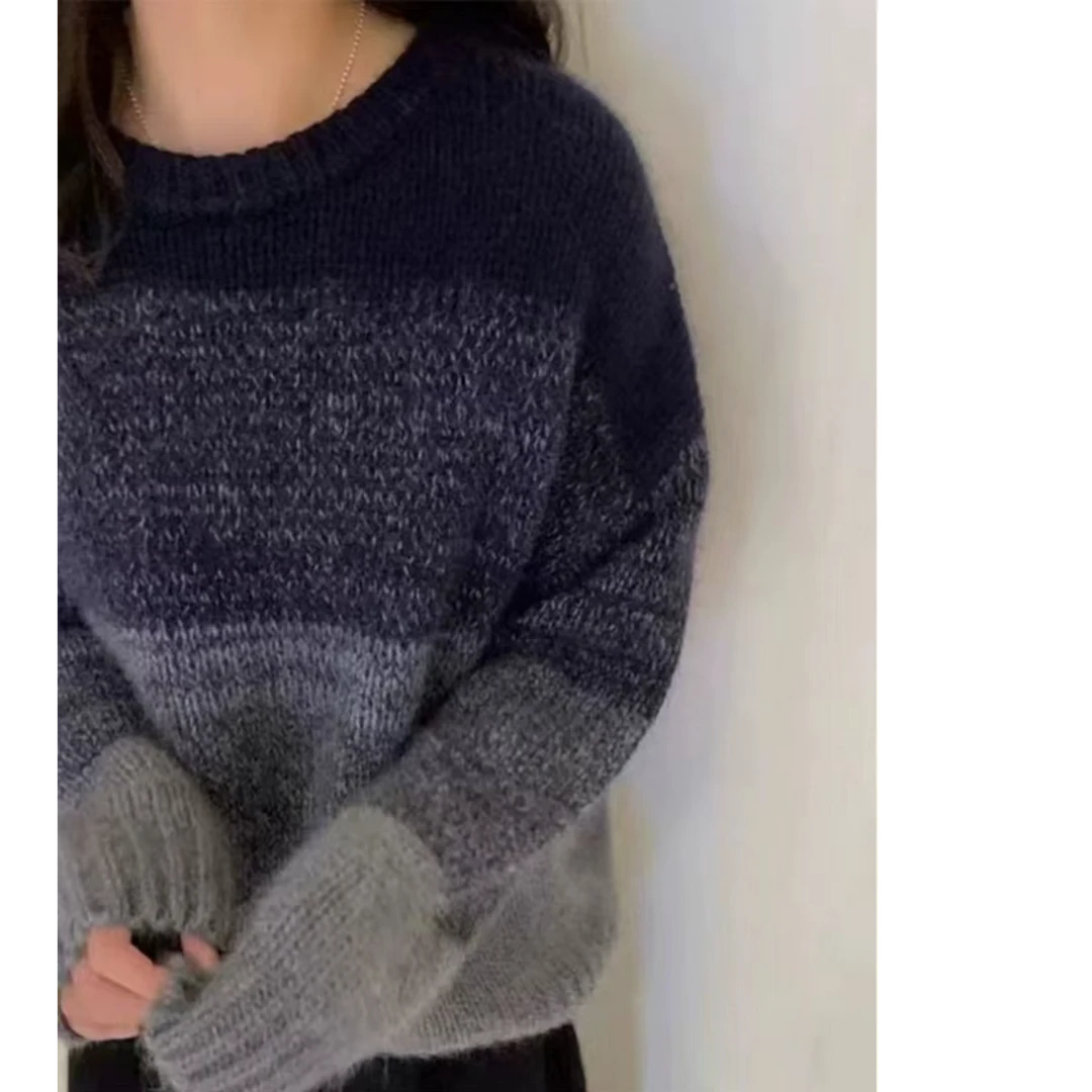 【专属】-渐变圆领套头针织衫慵懒风百搭宽松减龄长袖毛衣