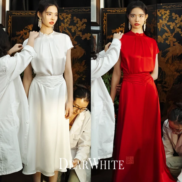 亲爱的白原创《铃兰》法式轻婚纱捏褶醋酸缎上衣长短半裙礼服红白
