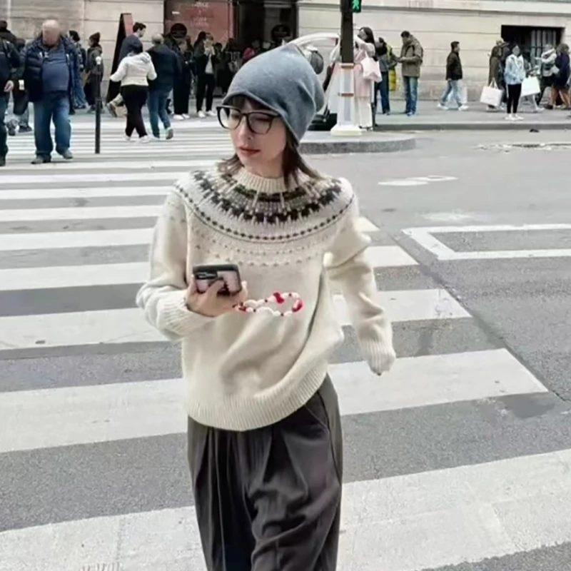 宝丫轻奢  T女式复古费尔岛圆领针织衫毛衣上衣K1068