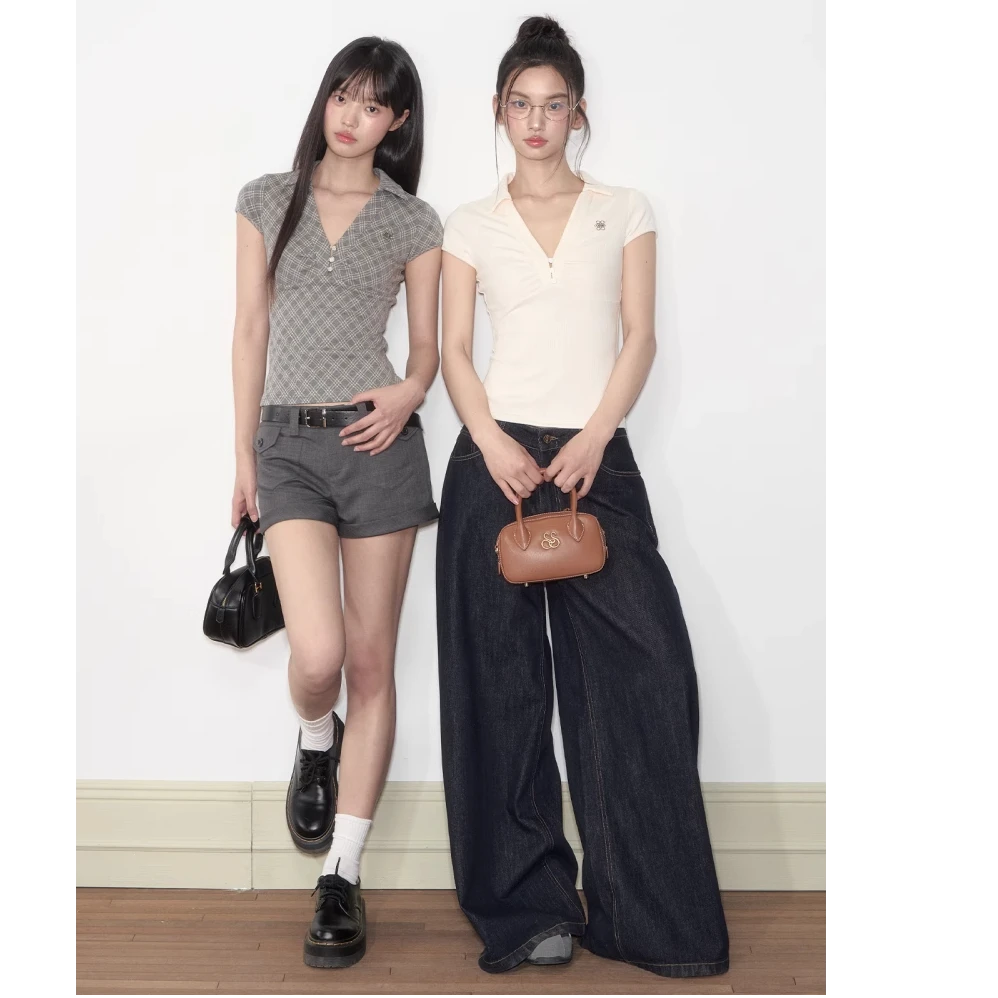 Soote Season原创抽褶胸针珠扣格纹polo衫V领T恤