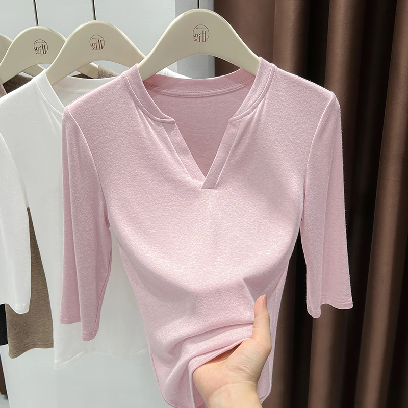 法式粉色中袖修身收腰设计上衣洋气减龄V领T恤内搭针织打底小衫女