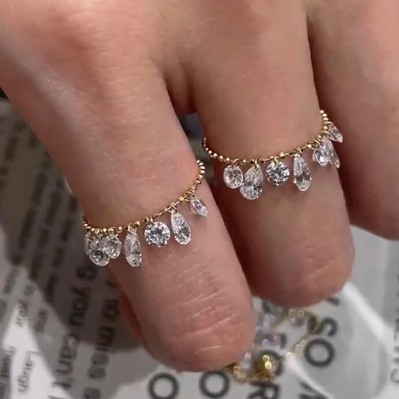 铜合金戒指 超闪水滴锆石流苏串珠戒指小众设计感冷淡风叠戴指环