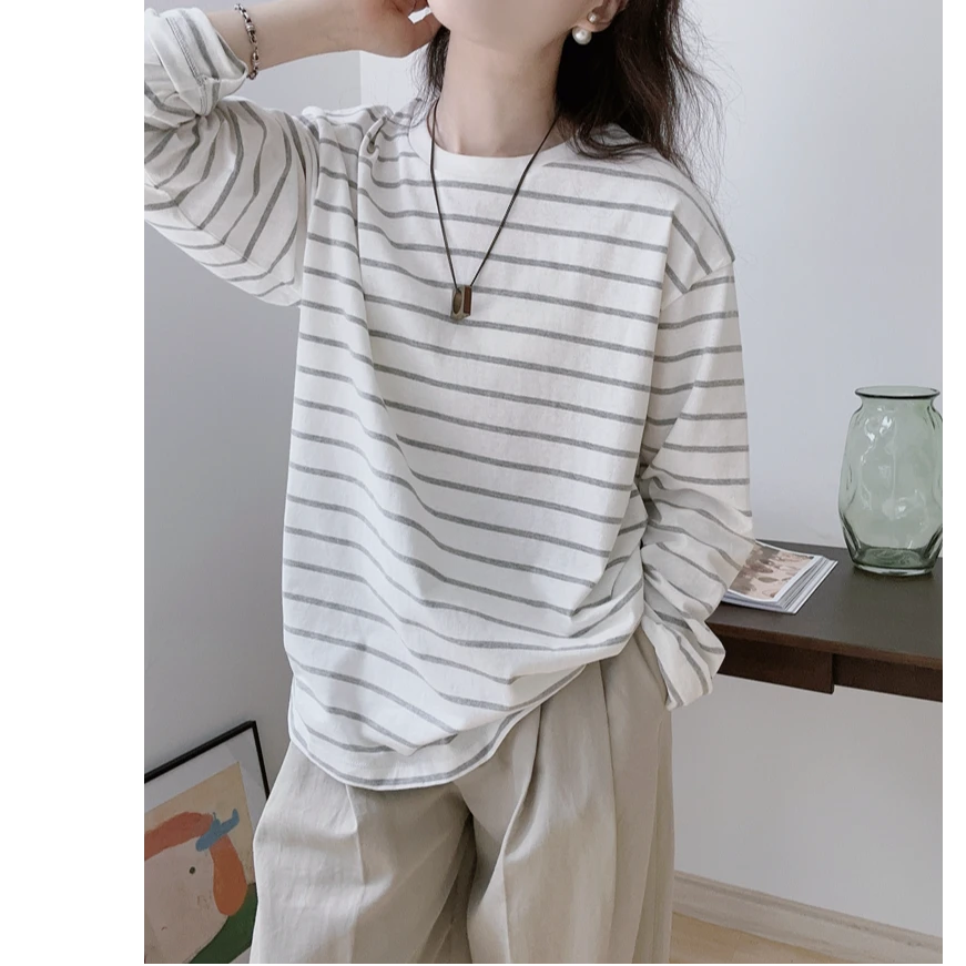 早春秋枣红色安可雷穿搭法式横条纹衫女棉质长袖T恤上衣设计小众