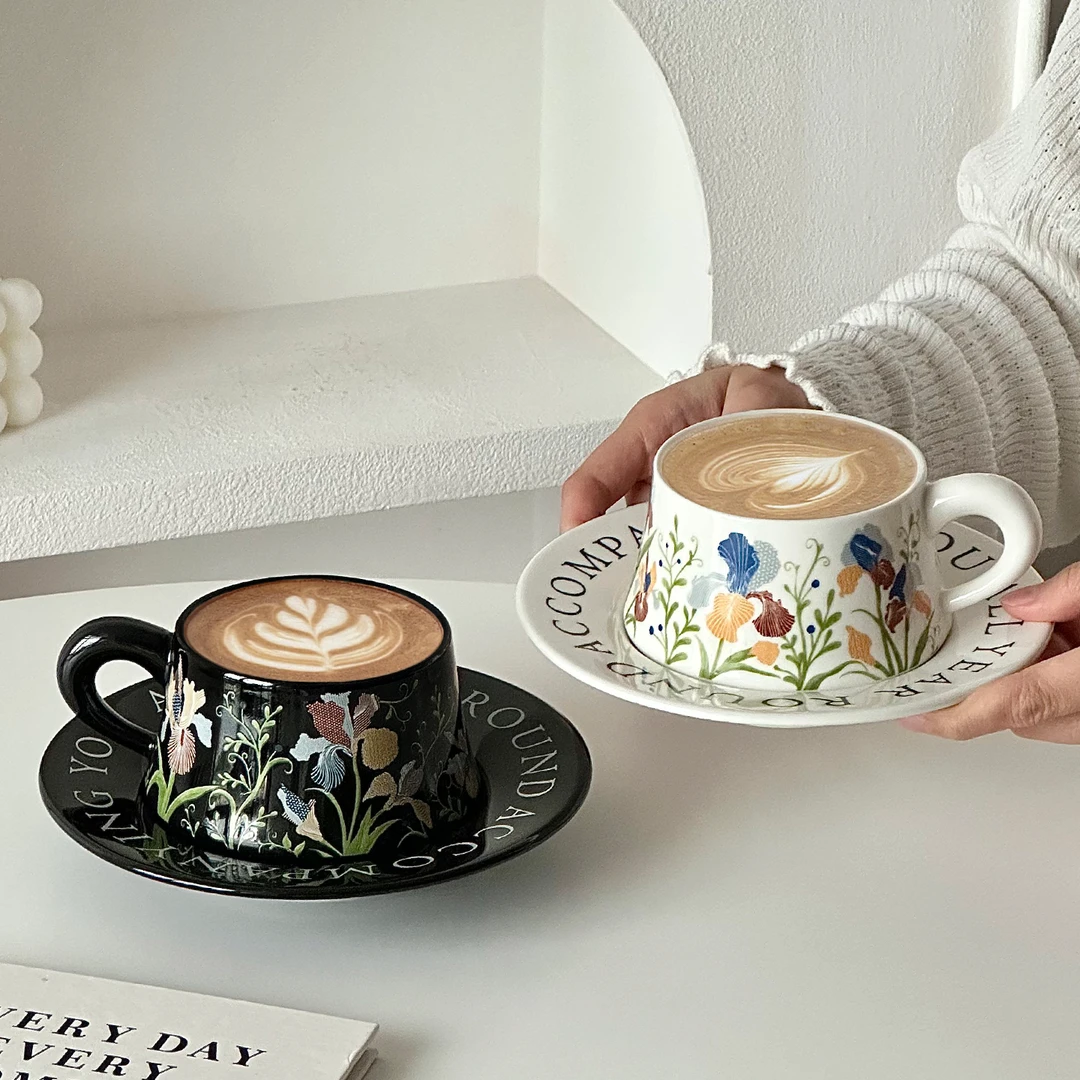 复古油画般繁花开咖啡杯女士个人专用手绘拿铁杯碟套装陶瓷马克杯