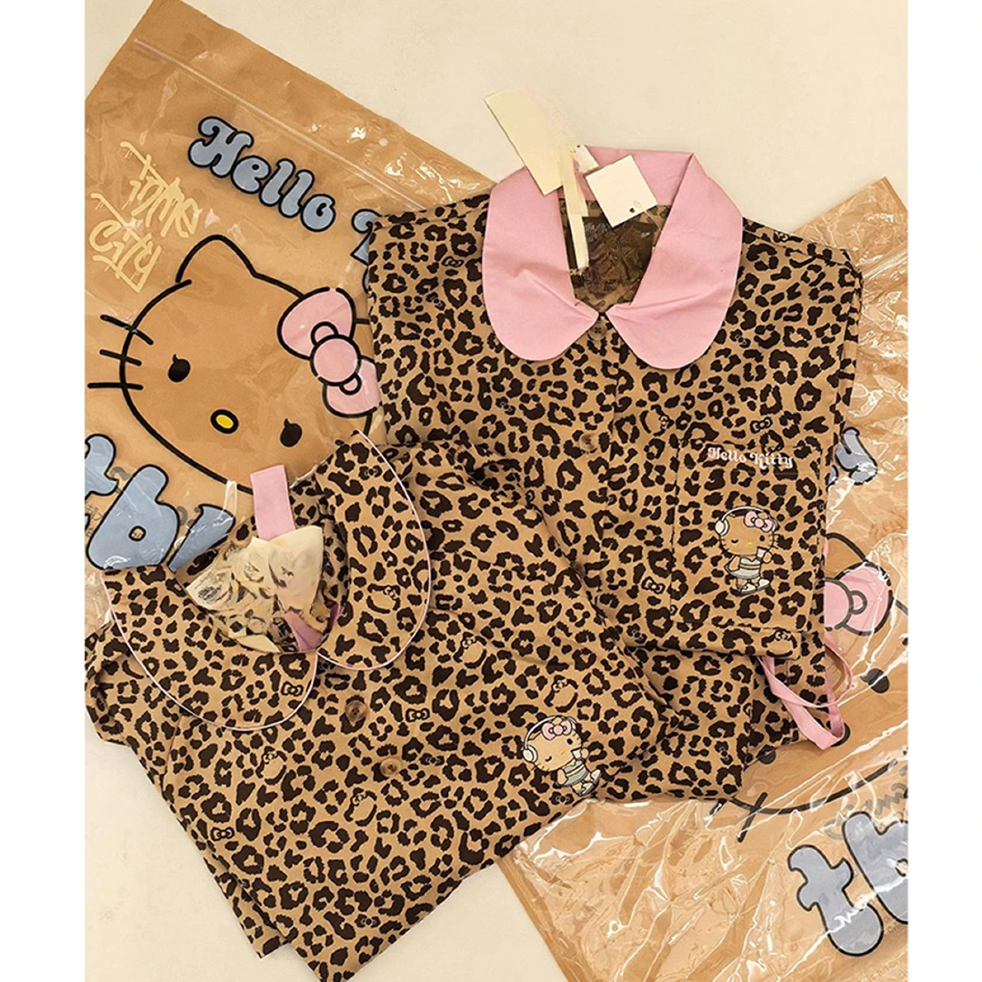 【法式HelloKitty豹纹】短袖睡衣女夏季网红风可外穿冰丝家居服套装
