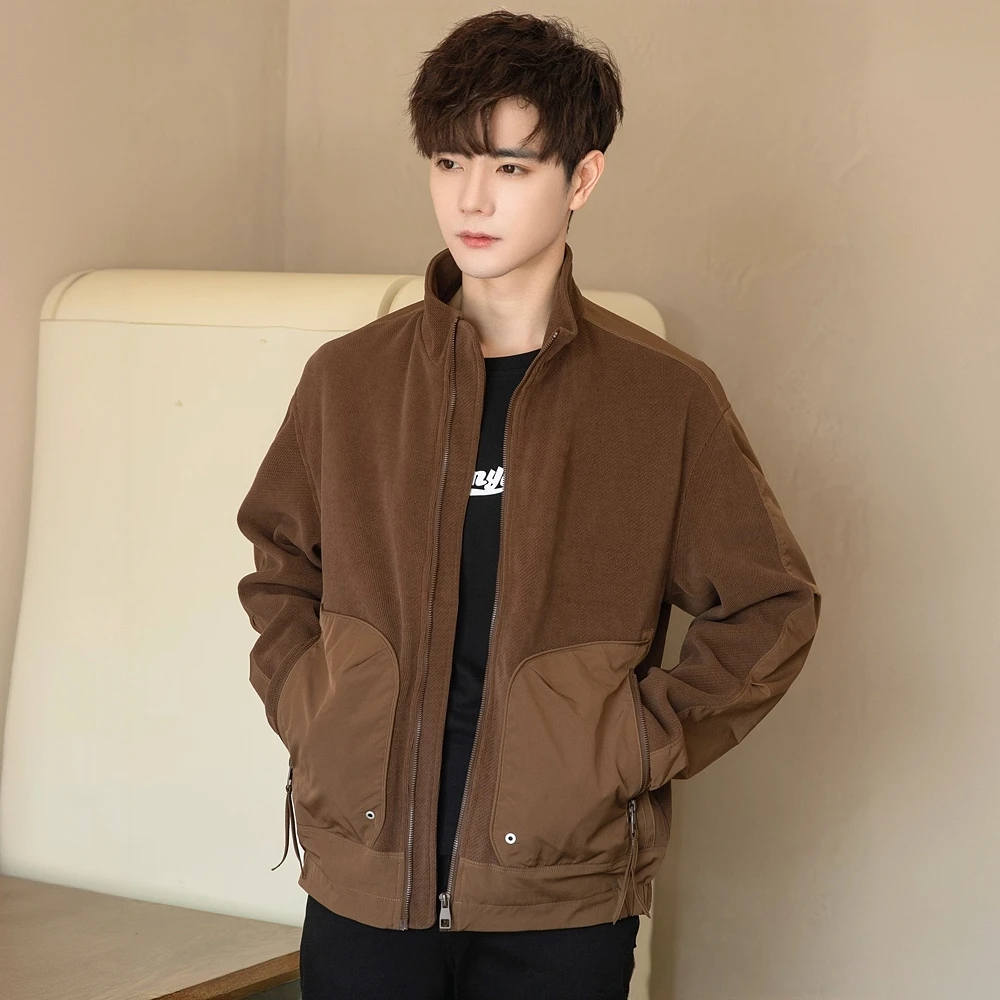 拼接立领夹克男2024春秋季新款纯色休闲高级感青年痞帅工装外套潮