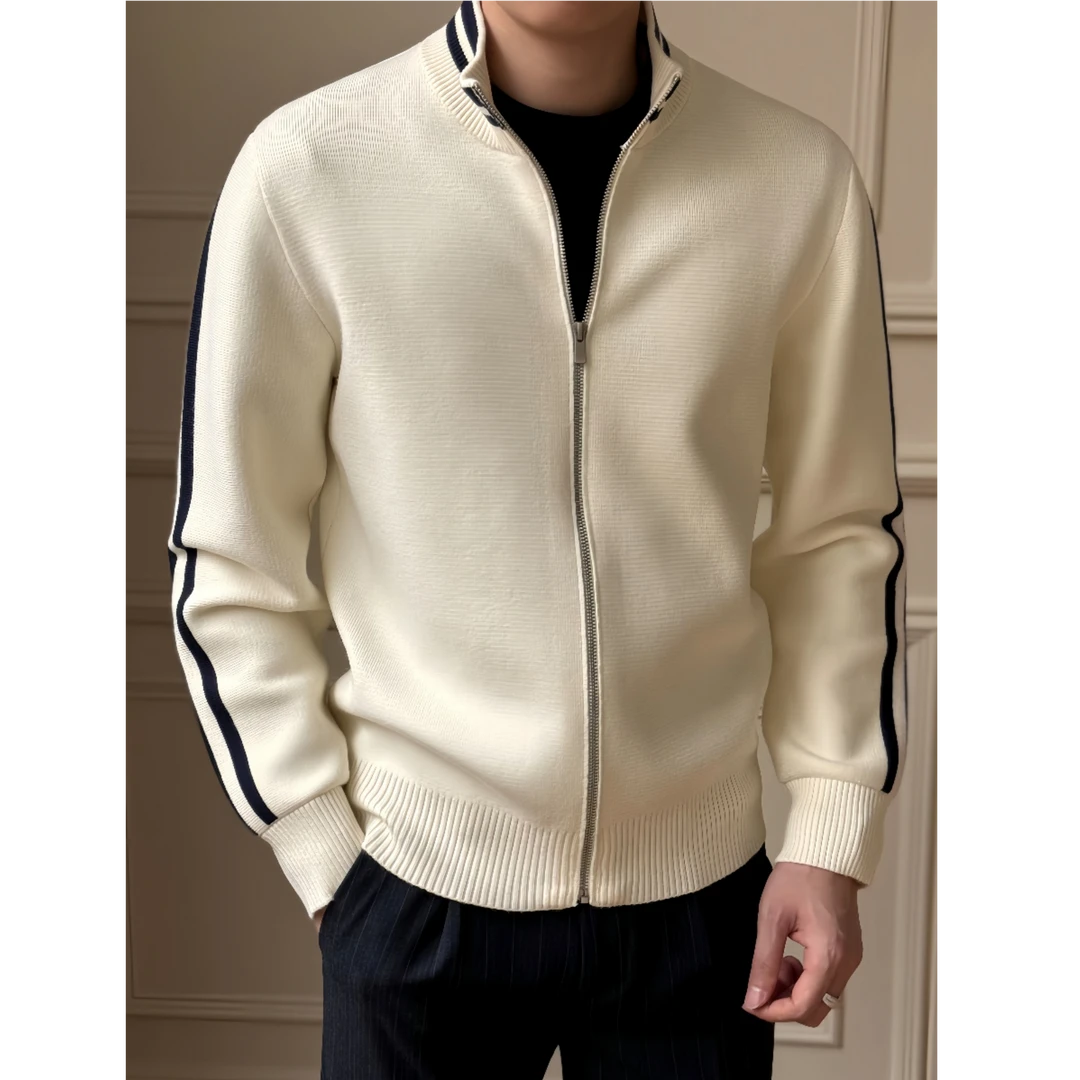 曼库帕娅秋冬季立领美式宽松上衣外穿线衣撞色毛衣外套针织开衫