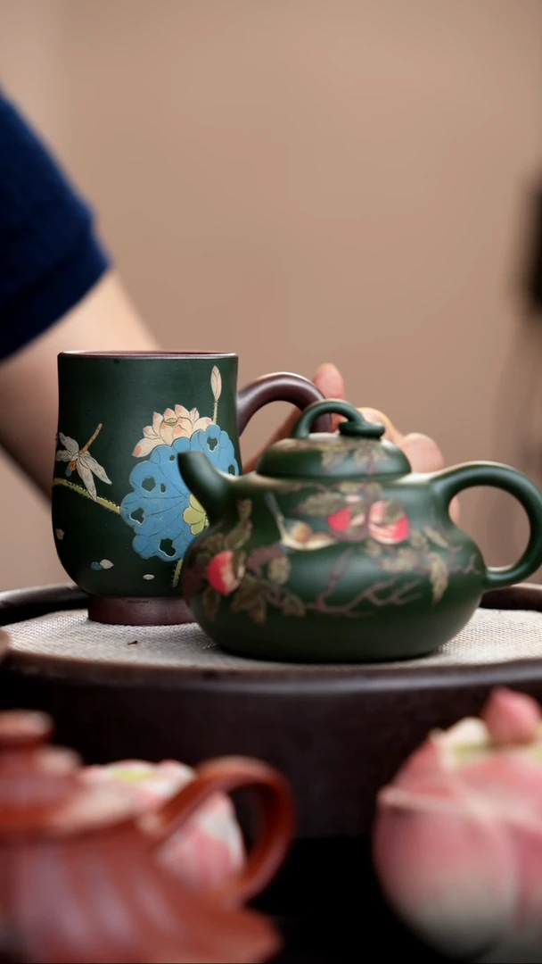茶壶紫砂民国绿葫芦壶泥绘桃子+杯