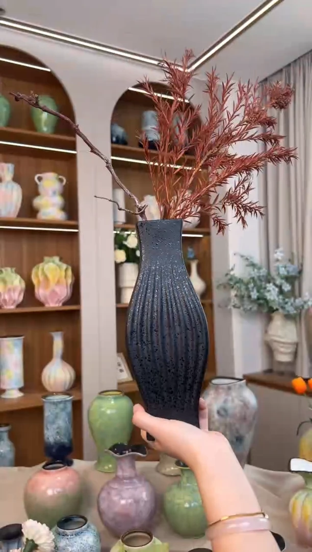 【哑光黑-方口竖纹瓶】无孔水培桌面陶瓷花瓶干花鲜花客厅插花摆件