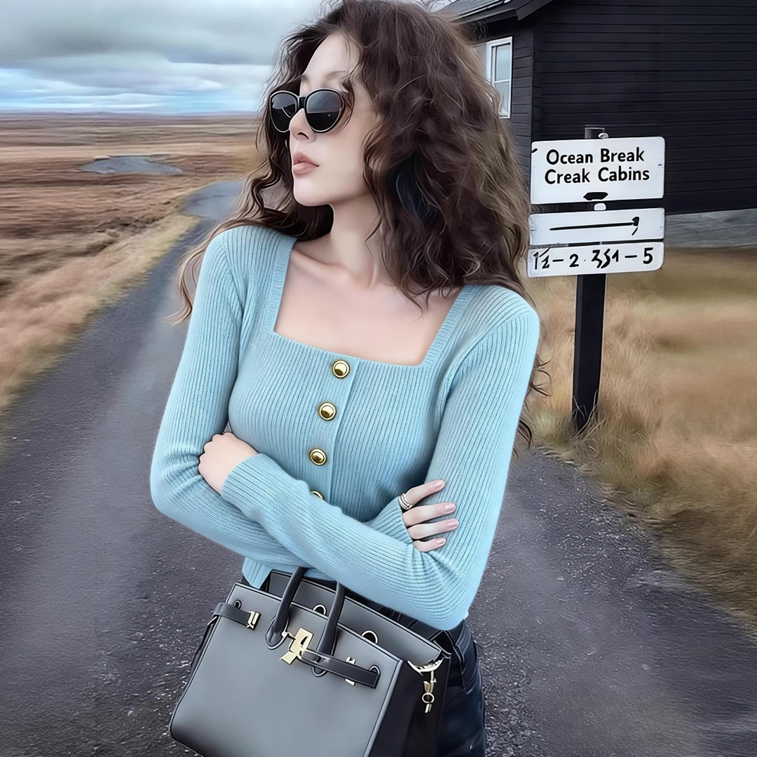 巨好看时尚气质减龄方领设计湖蓝色针织衫女2025冬季新款显瘦穿搭