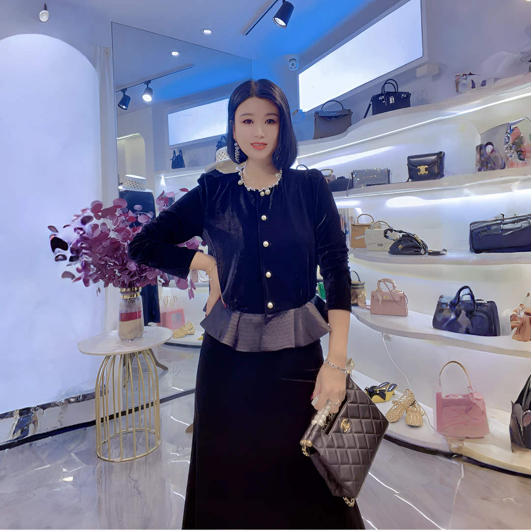 QUEEN【珠链丝绒开衫外套】（时尚气质百搭显瘦长袖设计师黑色蕾丝)
