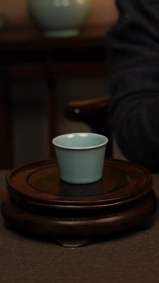 瓷片仿古天青全手工马蹄杯80ml 微瑕 不带礼盒
