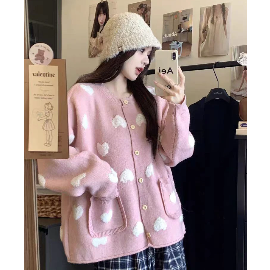 （609）大码胖MM冬季新款甜美立体刺绣爱心毛衣女宽松慵懒风开衫女