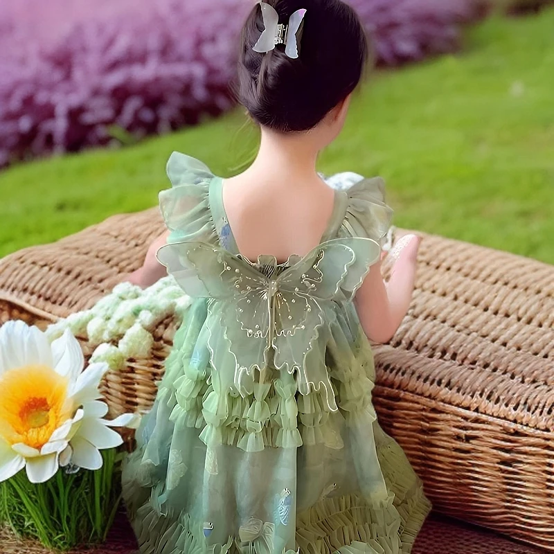 女纯色公主裙夏季蝴蝶纱裙小女孩礼服裙子女童裙子公主款连衣裙