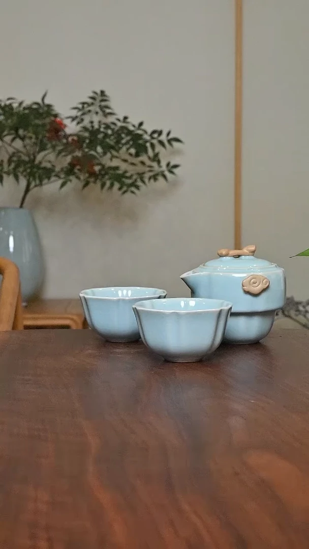 祥云快客一壶二杯 天青 微瑕 朱家汝窑款