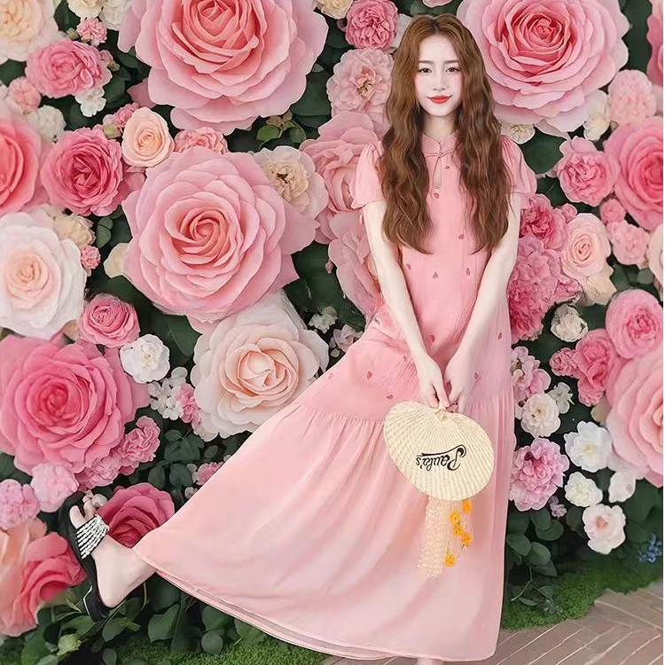 （80-200斤）粉色甜美减龄爱心新中式连衣裙夏新款设计感拼接裙1875