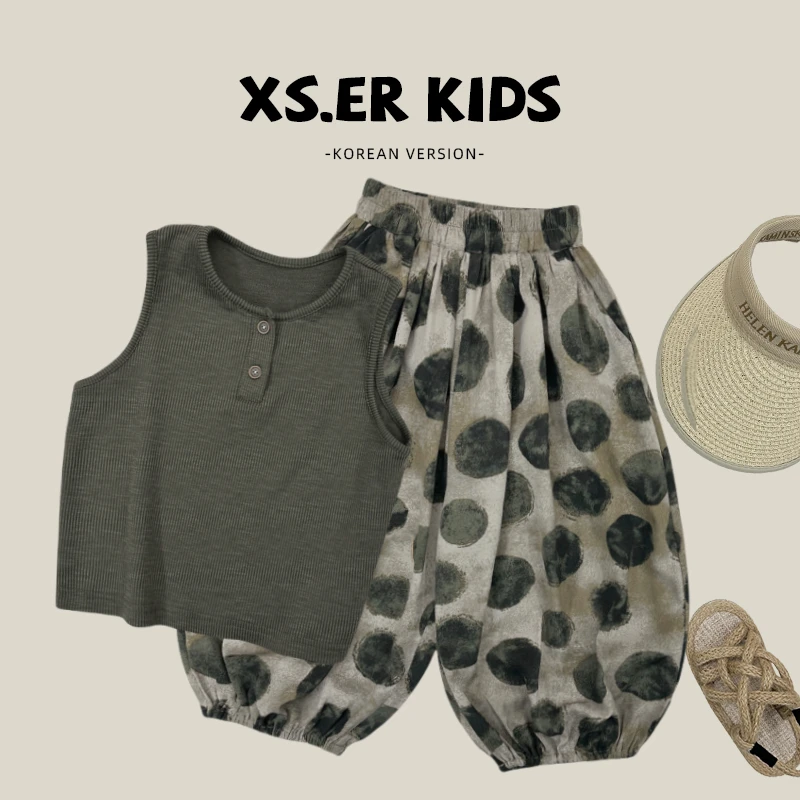 店铺热销【断码】【人收藏】儿童夏款套装复古森系纯色背心裤子满印圆