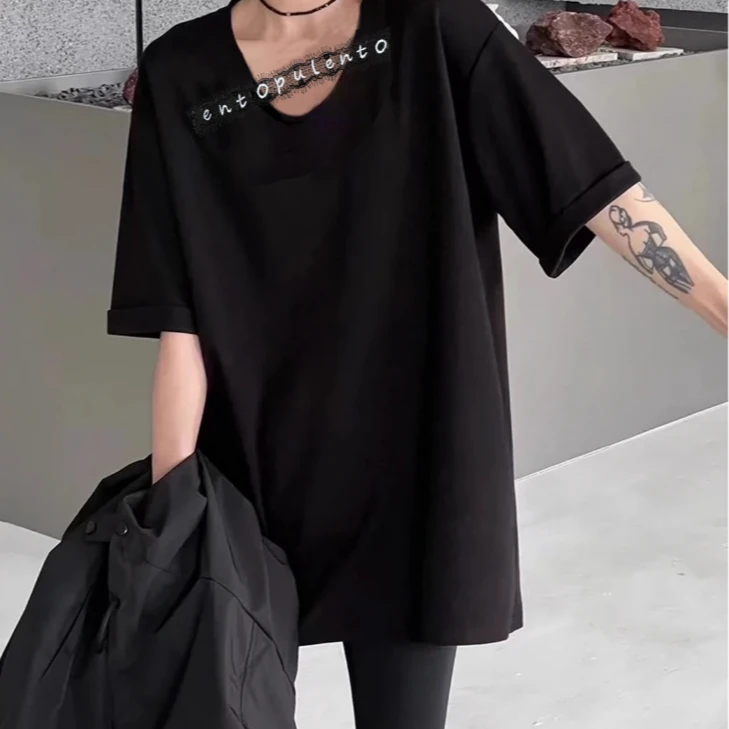 字母休闲风短袖刺绣纯色蕾丝T恤宽松设计感修身夏季显瘦时尚女士