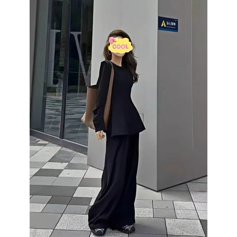 大码黑色圆领收腰上衣显瘦高腰阔腿裤套装女装9959#