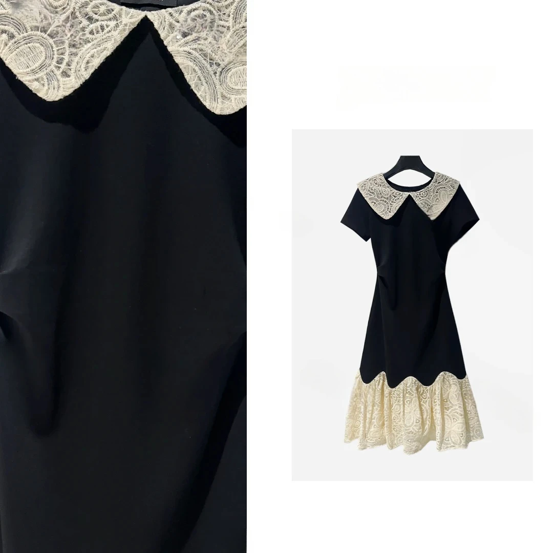 轻奢舒适拼接短袖A字高腰显瘦黑色法式连衣裙