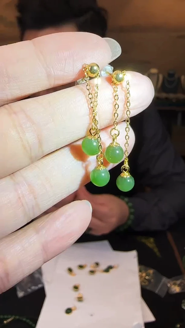 银S925镶嵌和田玉耳饰流苏款