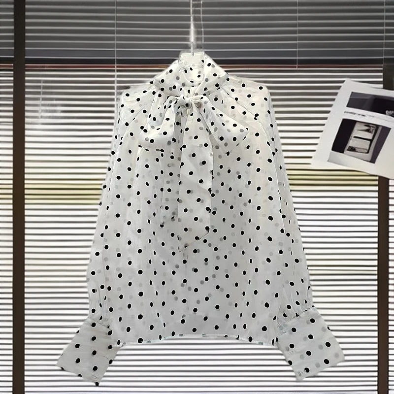 网红同款2025春季新款波点蝴蝶结长袖衬衫女高级感长袖雪纺衫