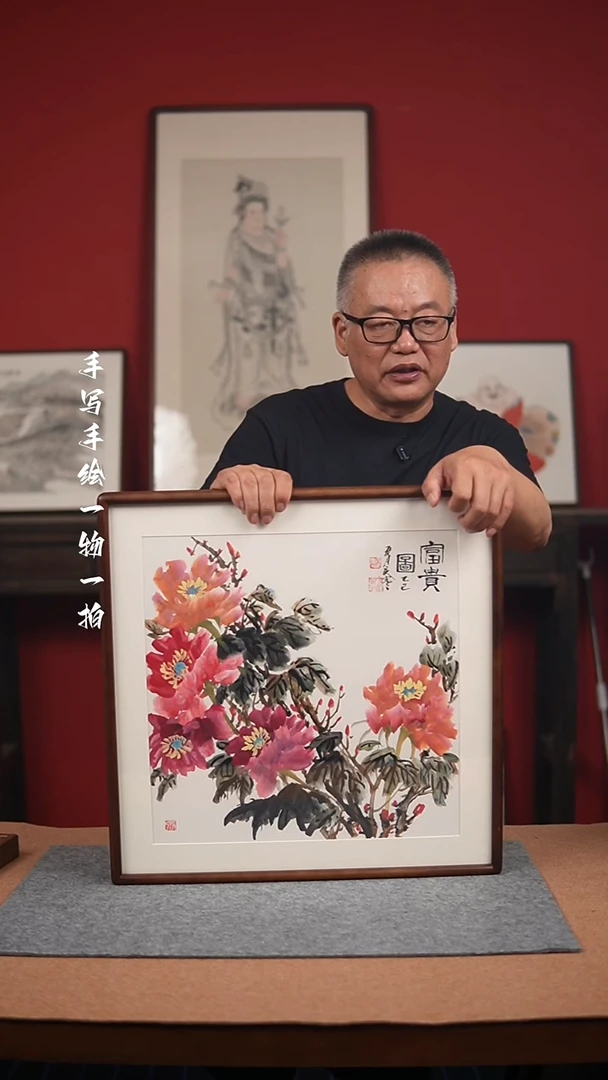 国画手绘-52*52实木框花鸟