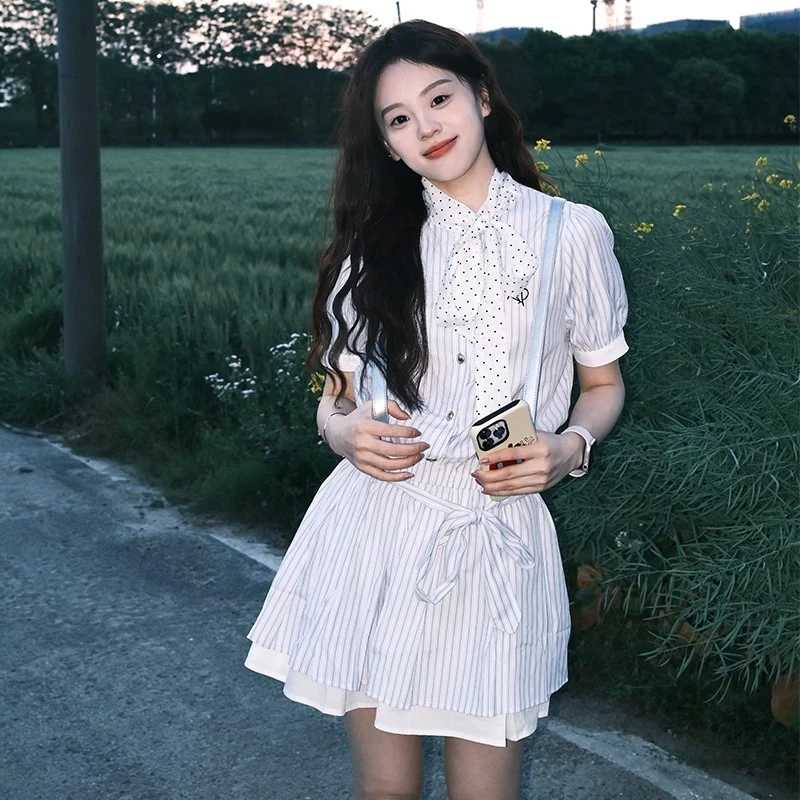 春夏季波点条纹短袖衬衫连衣裙短裙子MIU系2025新款女