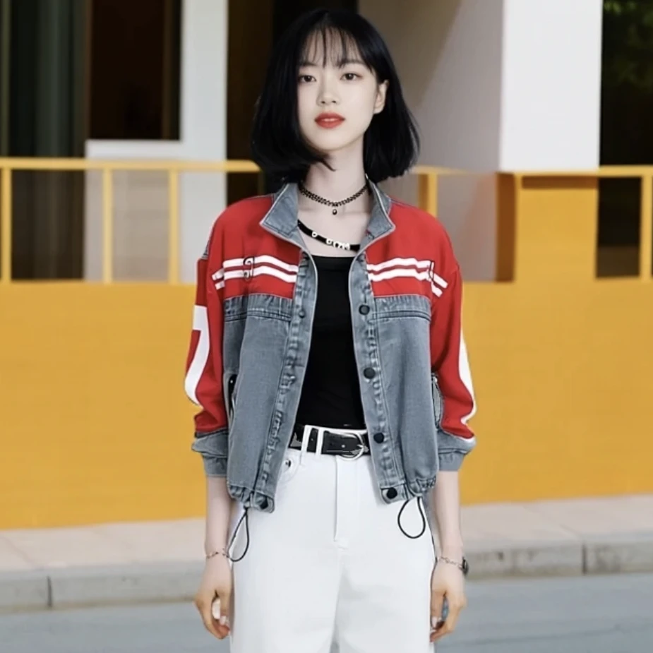 春新品时尚洋气牛仔拼接翻领外套显瘦宽松设计感长袖上衣短款女装