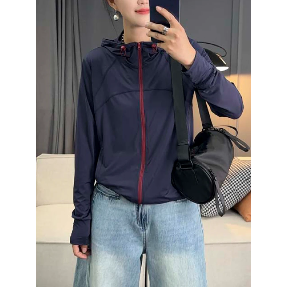 2025夏季休闲薄款时尚宽松简长袖约撞色拉链简约百搭防晒衣长袖衫