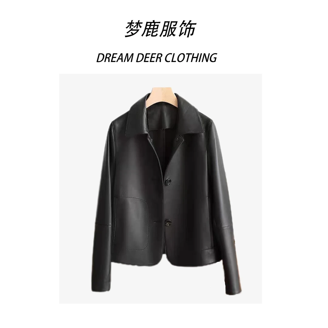 【梦鹿服饰】法式常规简约方领秋季翻领女装夹克皮衣MLD3-2105