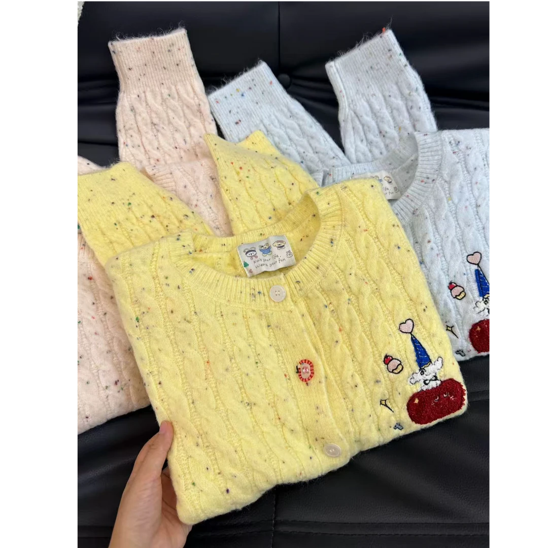 韩系彩色刺绣软糯毛衣开衫女秋冬季新款宽松显瘦针织外套上衣女