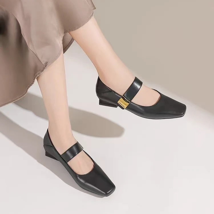 2216-3 新款百搭气质方头粗跟羊皮浅口软底玛丽珍单鞋