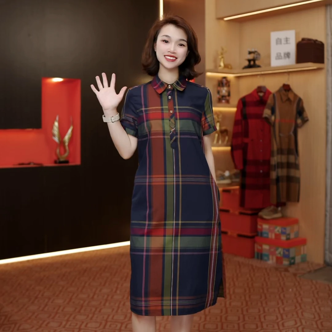 梵妮莎25新格纹连衣裙腰带收腰长裙显瘦气质洋气时尚夏季格子复古