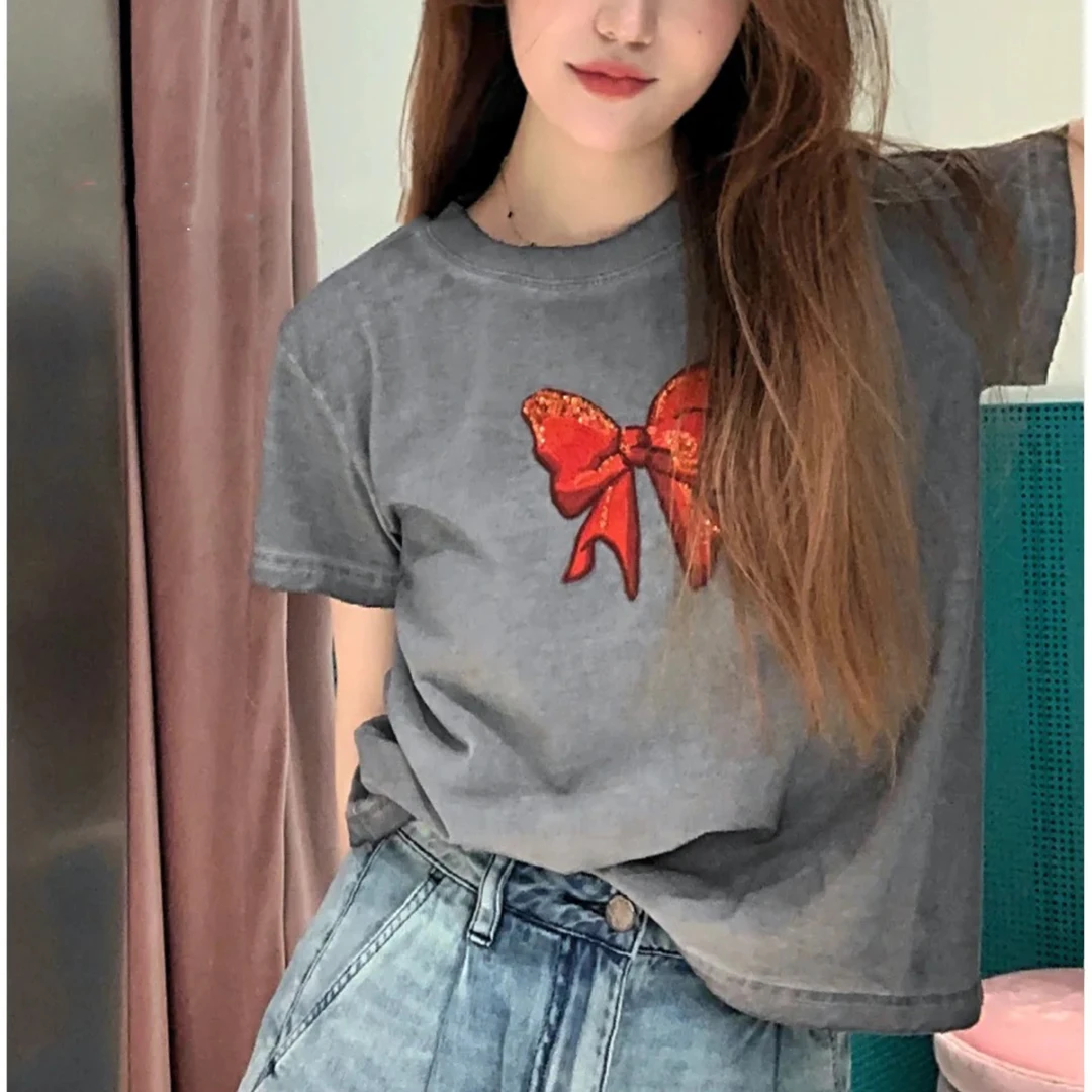 重工蝴蝶结刺绣炒色设计感百搭休闲风减龄圆领春夏时尚T恤TX188