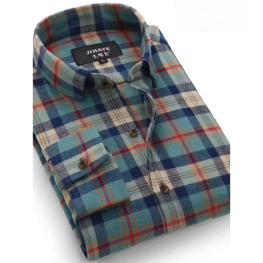 欧米朵冬季款磨毛纯棉格子衬衫男长袖加厚休闲保暖外套法兰绒衬衫