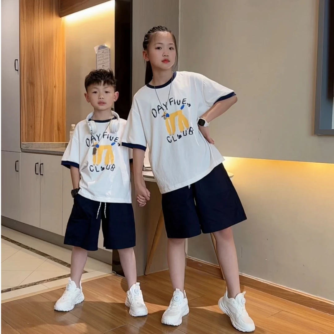 姐弟装夏季新款狗狗休闲中大童儿童小学初中生短袖T恤休闲裤套装