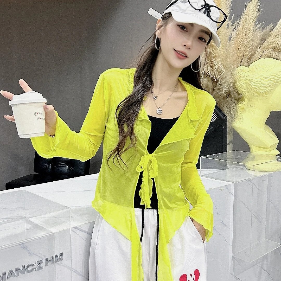 9563春季新款防晒衬衫网纱开衫女士百搭屁帘飘带衬衣显瘦时尚