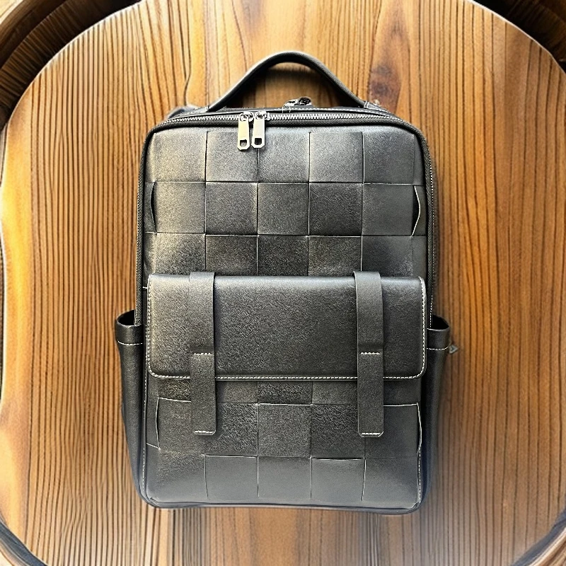 新品真皮手工编织植鞣牛皮男士双肩包男款休闲背包时尚多功能