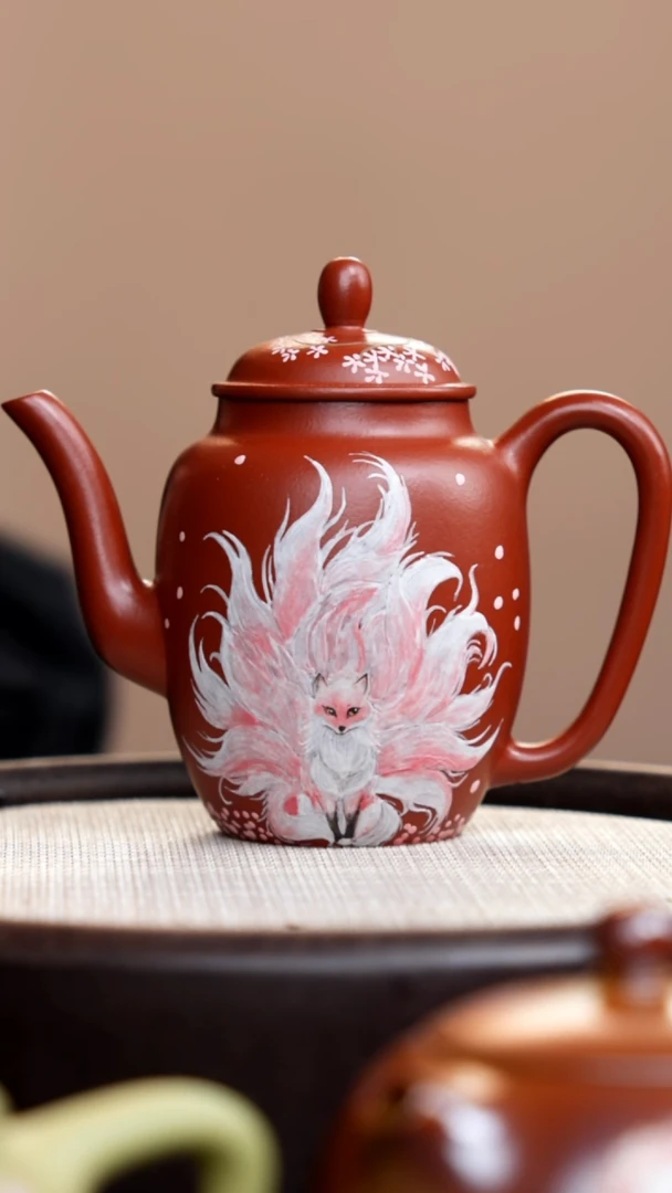 茶壶紫砂珏*朱泥宫灯泥绘凤九